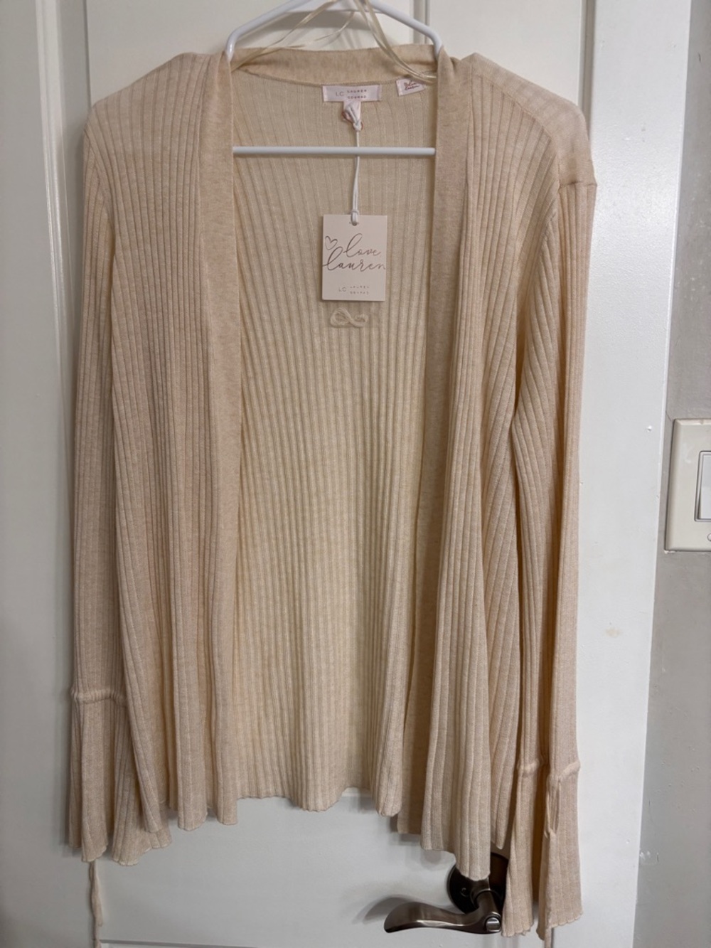 NWT LC Lauren Conrad Cream Sheer Ribbed Open-Front Cardigan Tied Sleeve Large